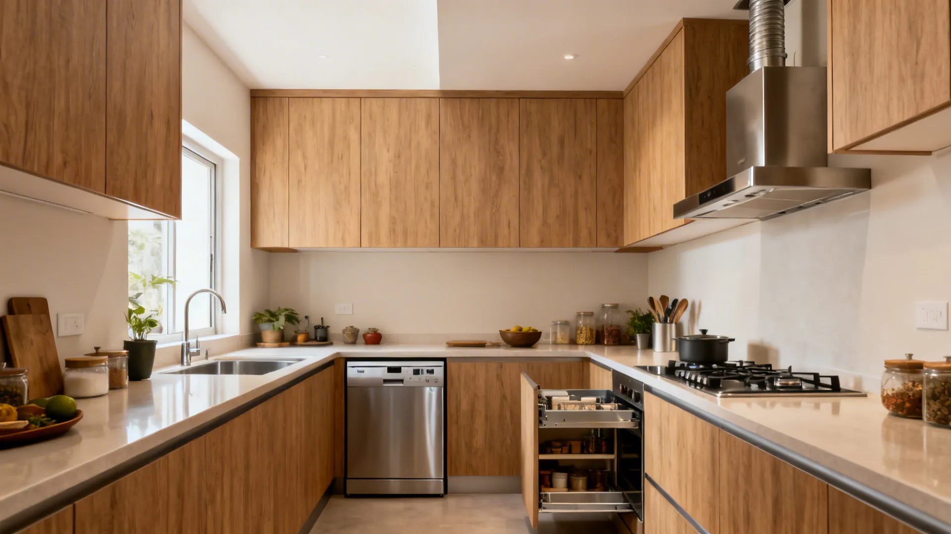 Compact kitchen with loft storage, slim dishwasher, pull-out pantry, and a compact hood.