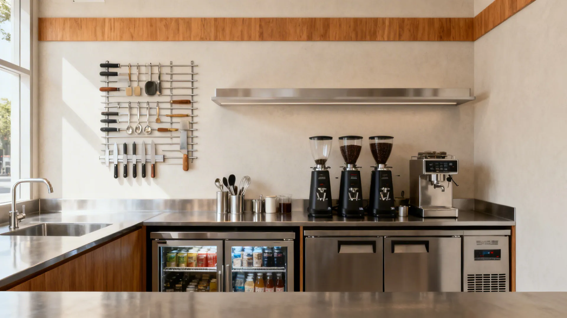 Cafe wall with utensil rails and under-counter fridges keeping the workspace clear and efficient.