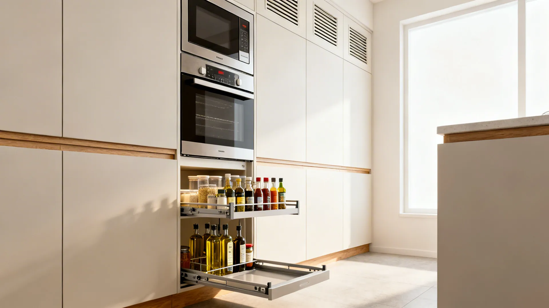 Small kitchen utilities wall with stacked appliances and a 9-inch pull-out pantry extended.