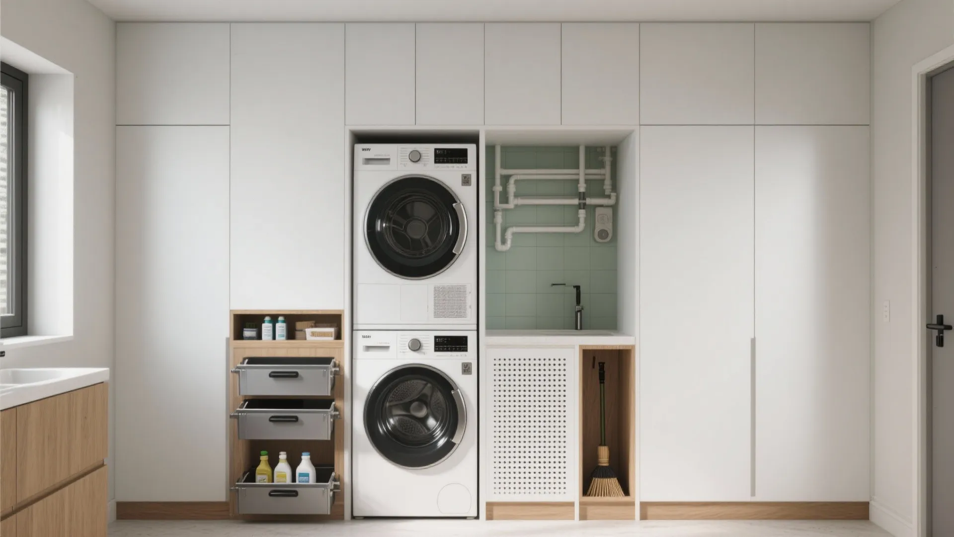 Utility room with stacked washer and dryer next to white cabinets and a small sink
