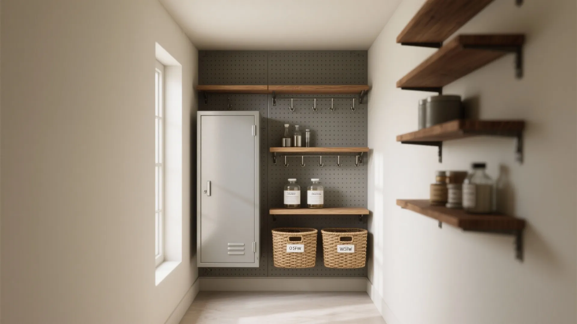 Small utility room with grey metal cabinet wooden shelves wall storage hooks and woven baskets