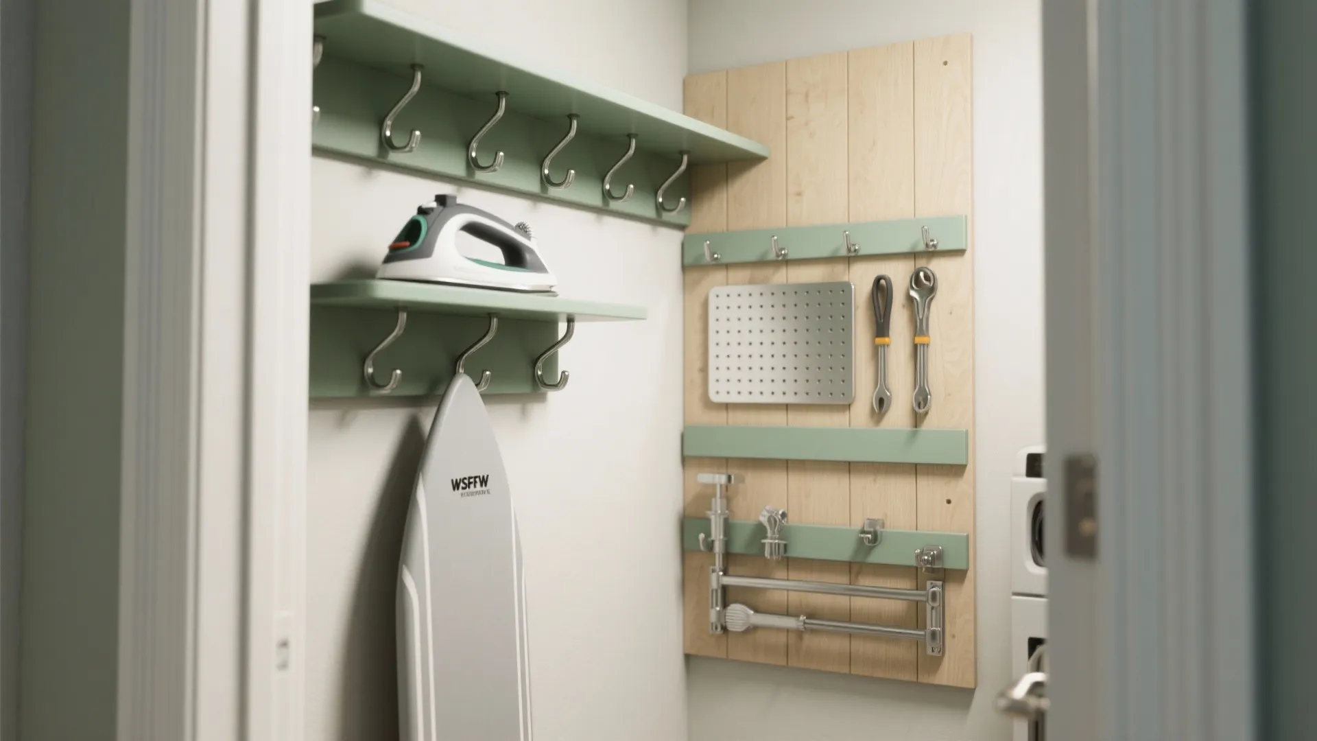 Utility room wall storage with green shelves hooks an iron ironing board and wood paneling