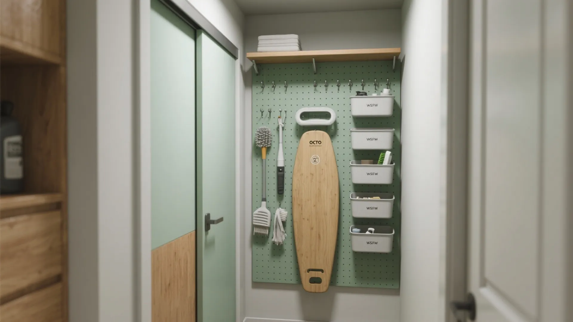 5. Vertical utility wall with hooks, bins, and a pegboard