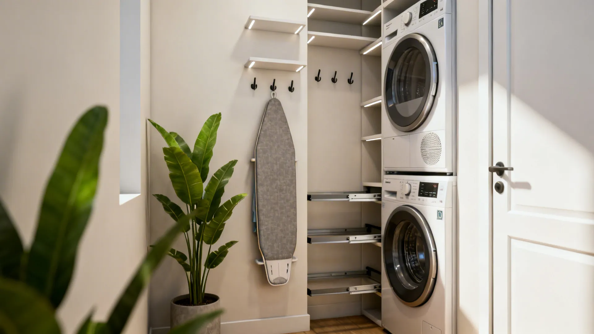 Narrow utility wall with hooks and slim shelving next to a stackable washer dryer and folded ironing board.