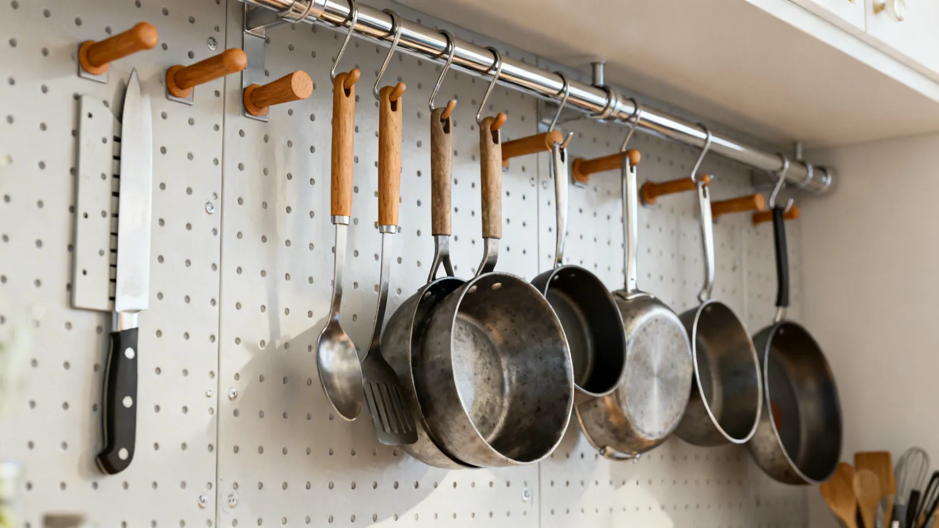 Vertical utility wall with pegboard, magnetic strip, and hanging rails organizing kitchen tools.