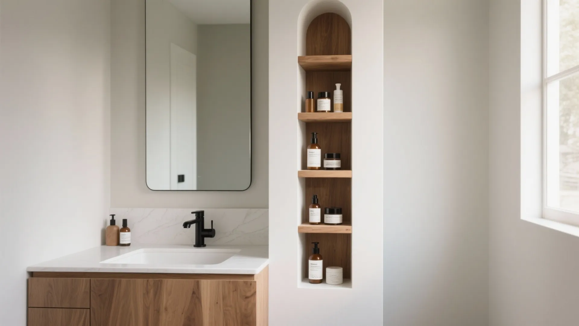 Modern bathroom design with white sink, black faucet, wooden cabinet, mirror, and arched wooden storage