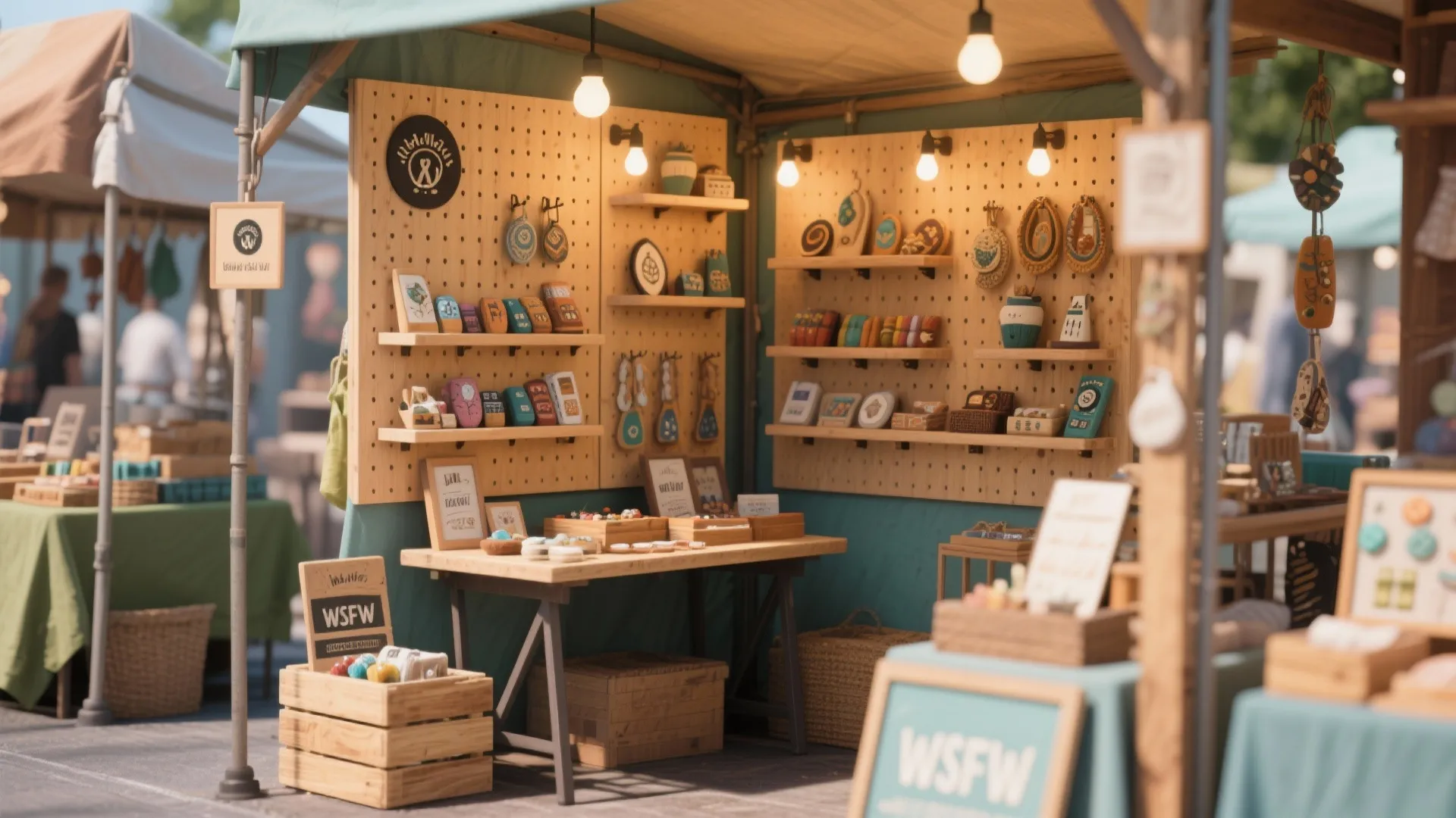 Vertical pegboard and shelf displays maximizing vendor table space