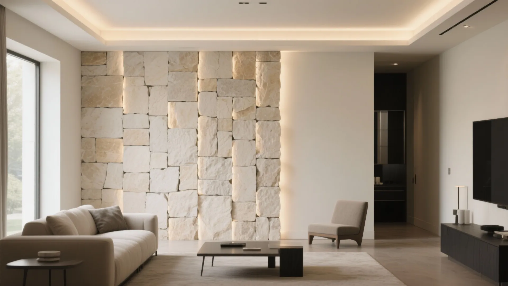 Modern living room with a stone wall, white sofa, coffee table, and dark media cabinet