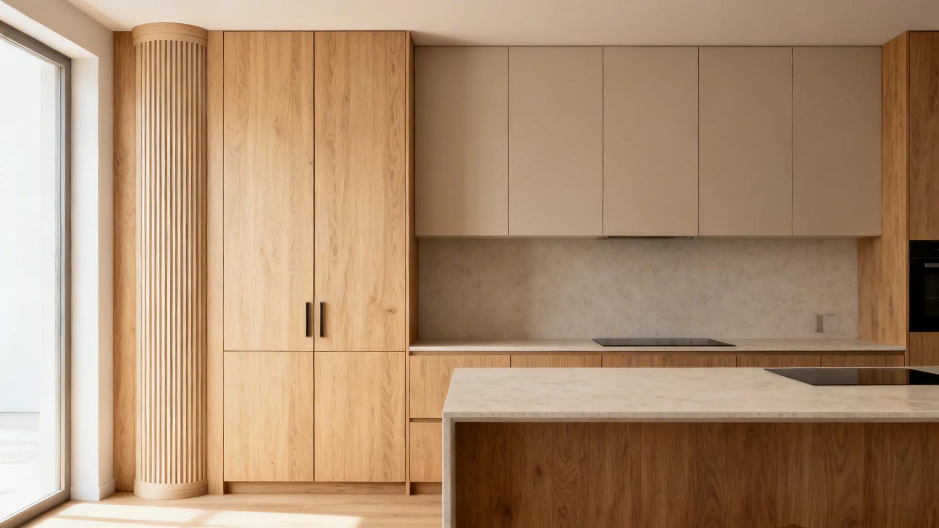 Flat-panel kitchen with vertical oak veneer and a fluted pantry column in soft daylight.