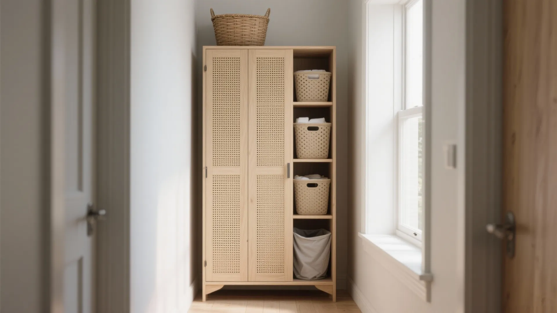 Light wood cabinet with woven doors and storage baskets standing in a bright sunlit hallway