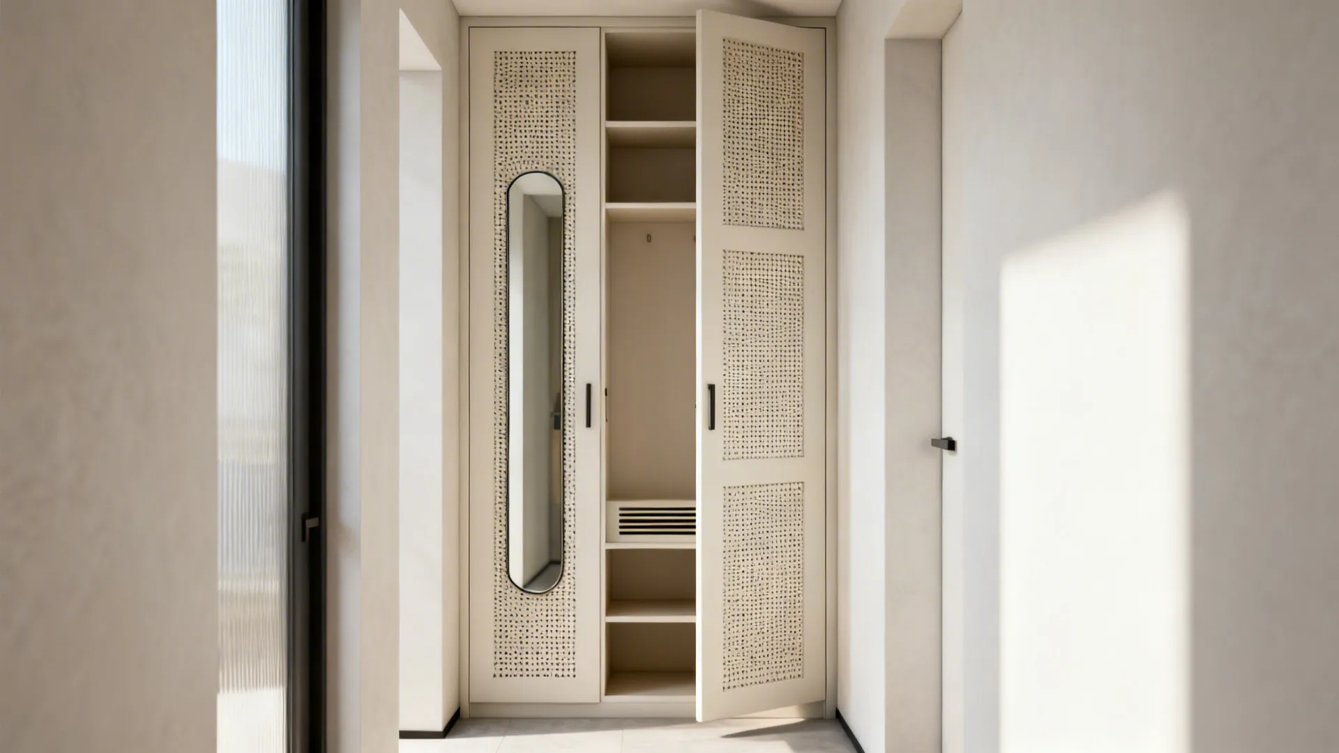 Tall narrow shoe cabinet with ventilated slatted doors and a slim mirror panel in a small entryway.