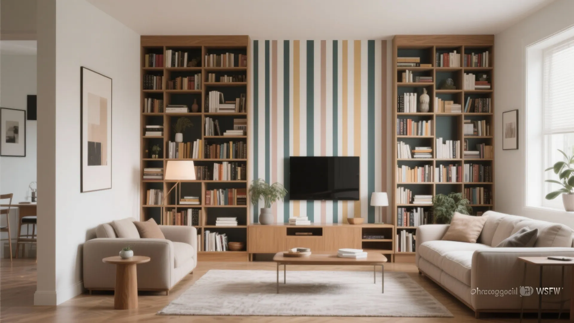 Living room with tall wooden bookshelves colorful striped wall and television above a wooden cabinet