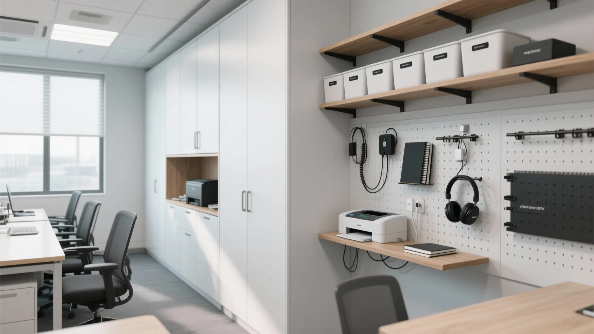 Office workspace with white storage cabinets wooden wall shelves pegboard for headphones and multiple desk chairs