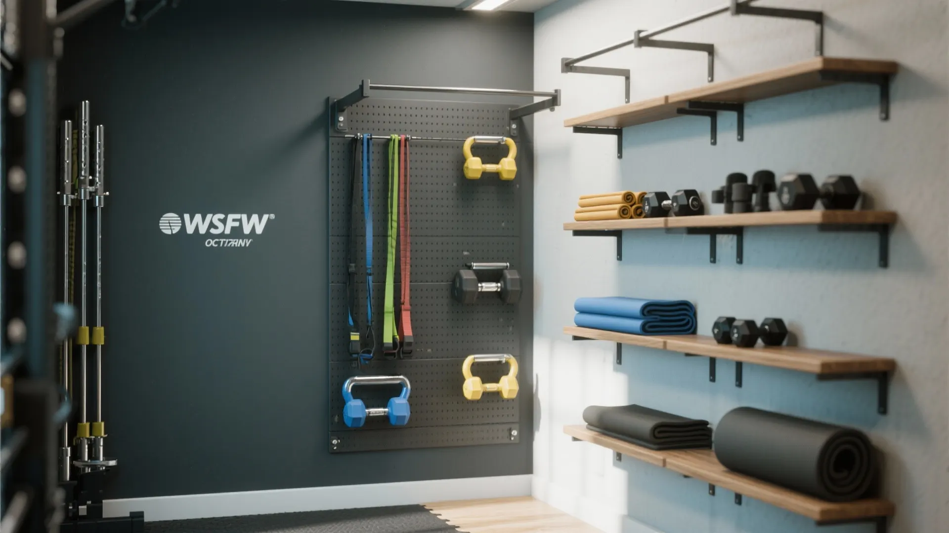 Home gym wall with wooden shelves for dumbbells and a black pegboard for workout gear
