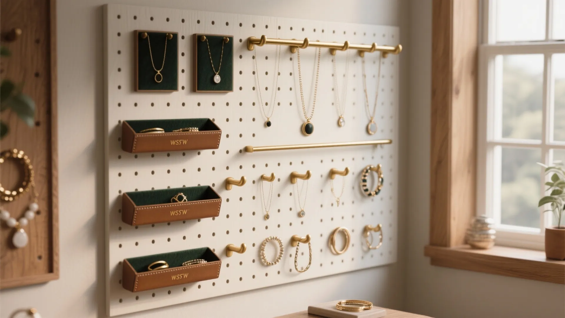 White pegboard wall organizer holding gold necklaces and rings in small brown storage leather bins