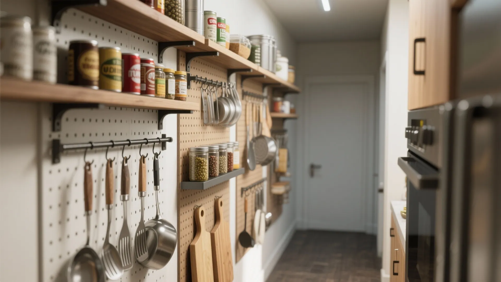 Kitchen wall storage with wooden shelves pegboards holding metal pans cooking tools and glass jars