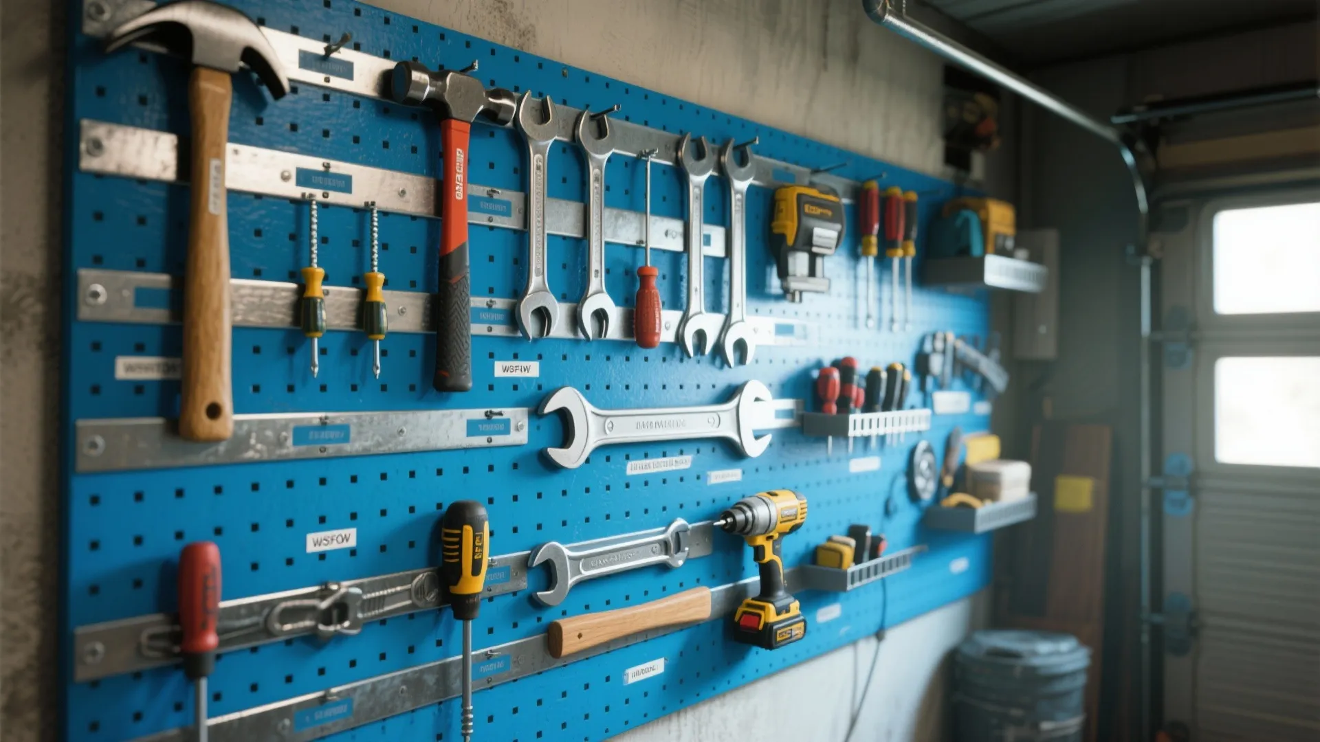 Magnetic tool wall and pegboard in a garage with tools neatly arranged on a high-contrast painted background.