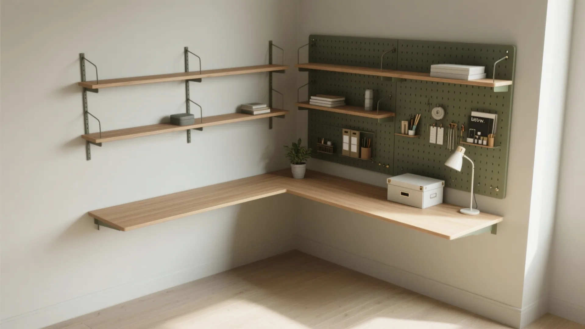 Corner wall mounted wooden desk with green pegboard shelves table lamp and various office supplies