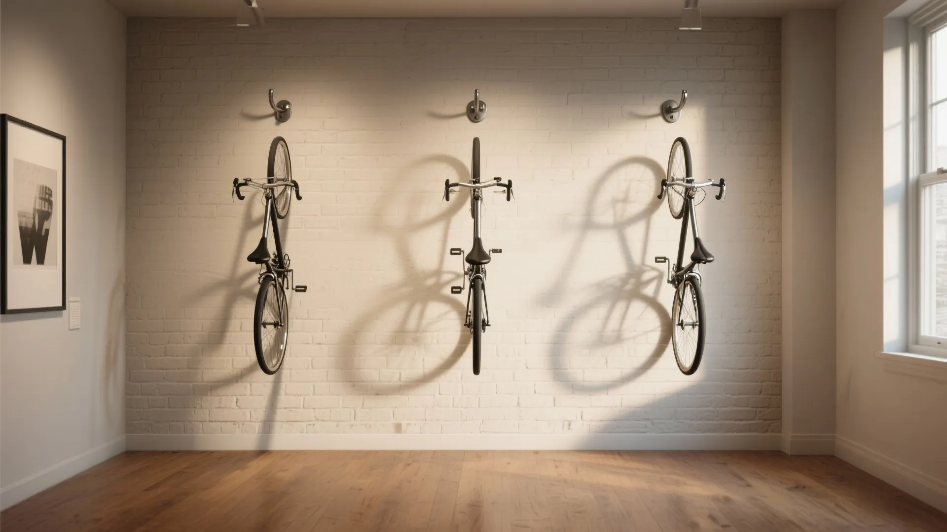 Three bicycles hanging vertically on a white brick wall with wooden floor in a modern room