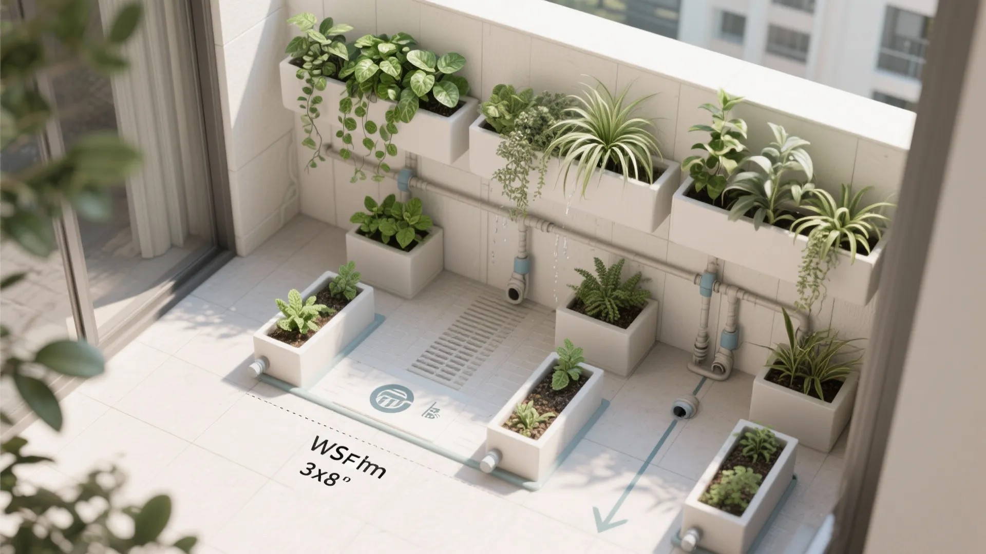 Modern balcony interior design drawing showing white wall planters with green plants and drainage system