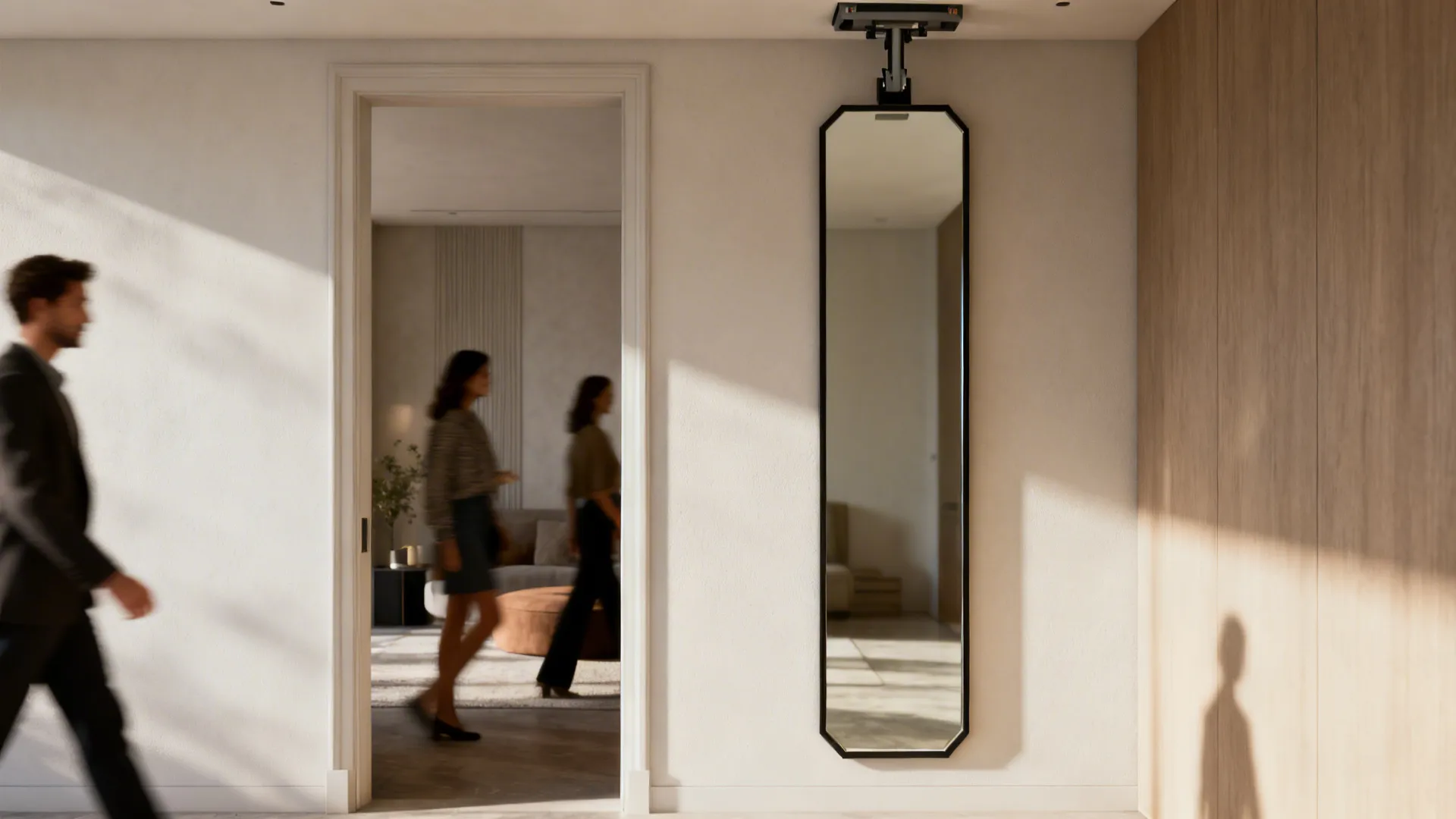 Long black frame mirror hanging on white wall beside open doorway in modern bright home
