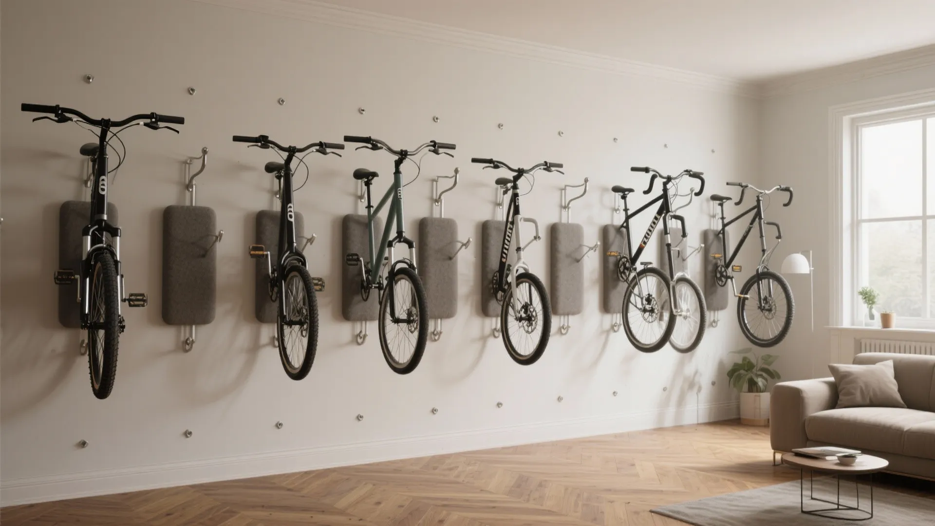 Living room with five bicycles hanging vertically on wall mounts above a wooden parquet floor