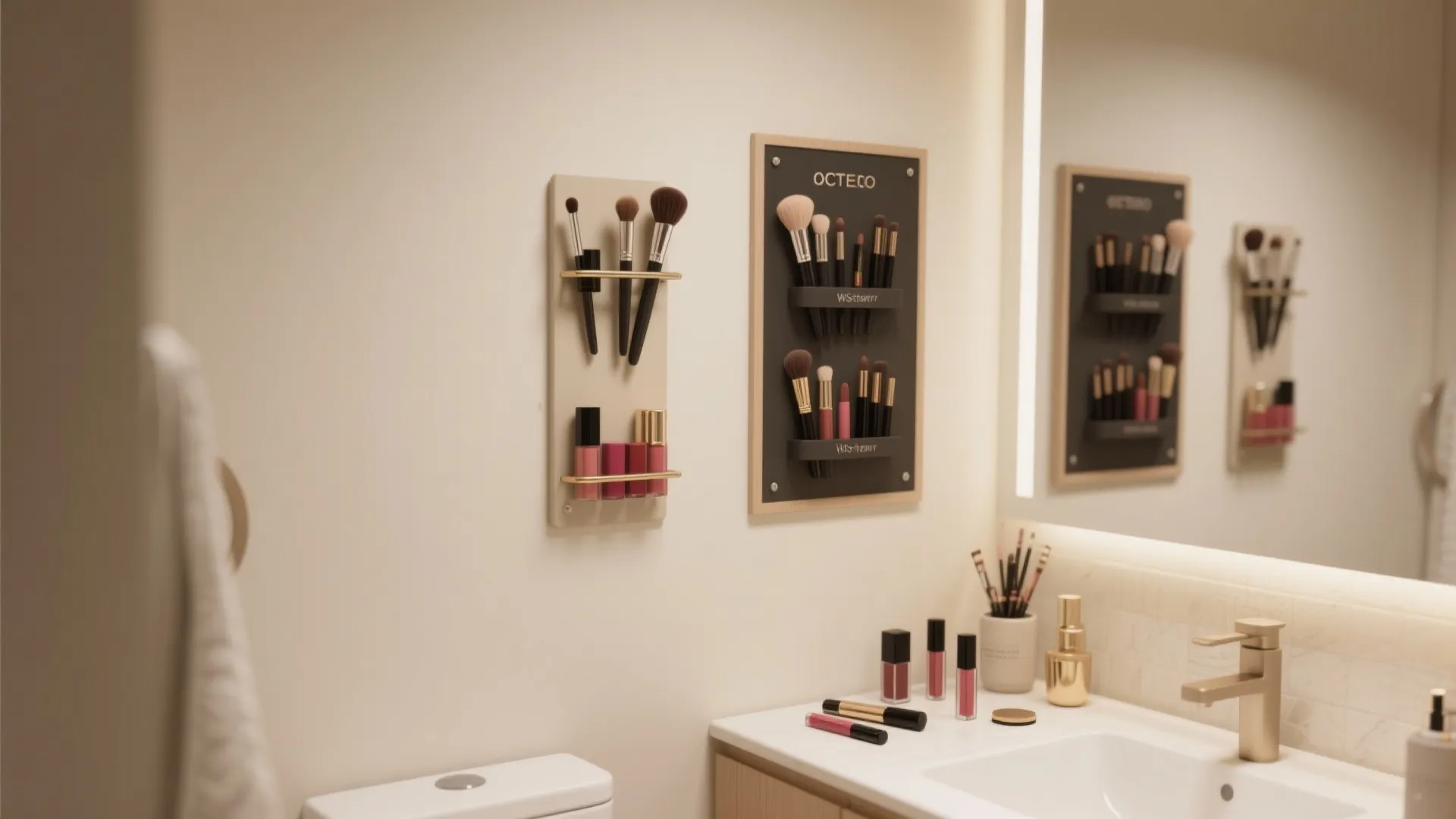 Vertical wall mounted makeup organizers holding brushes and lipsticks next to a bright bathroom mirror