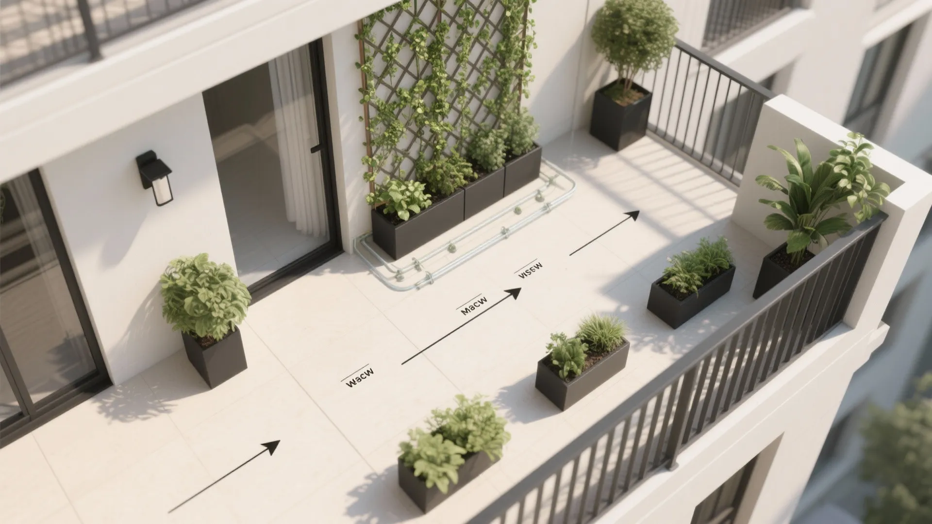 Top-down layout of a micro balcony showing trellis wall, planters, and open pathway.