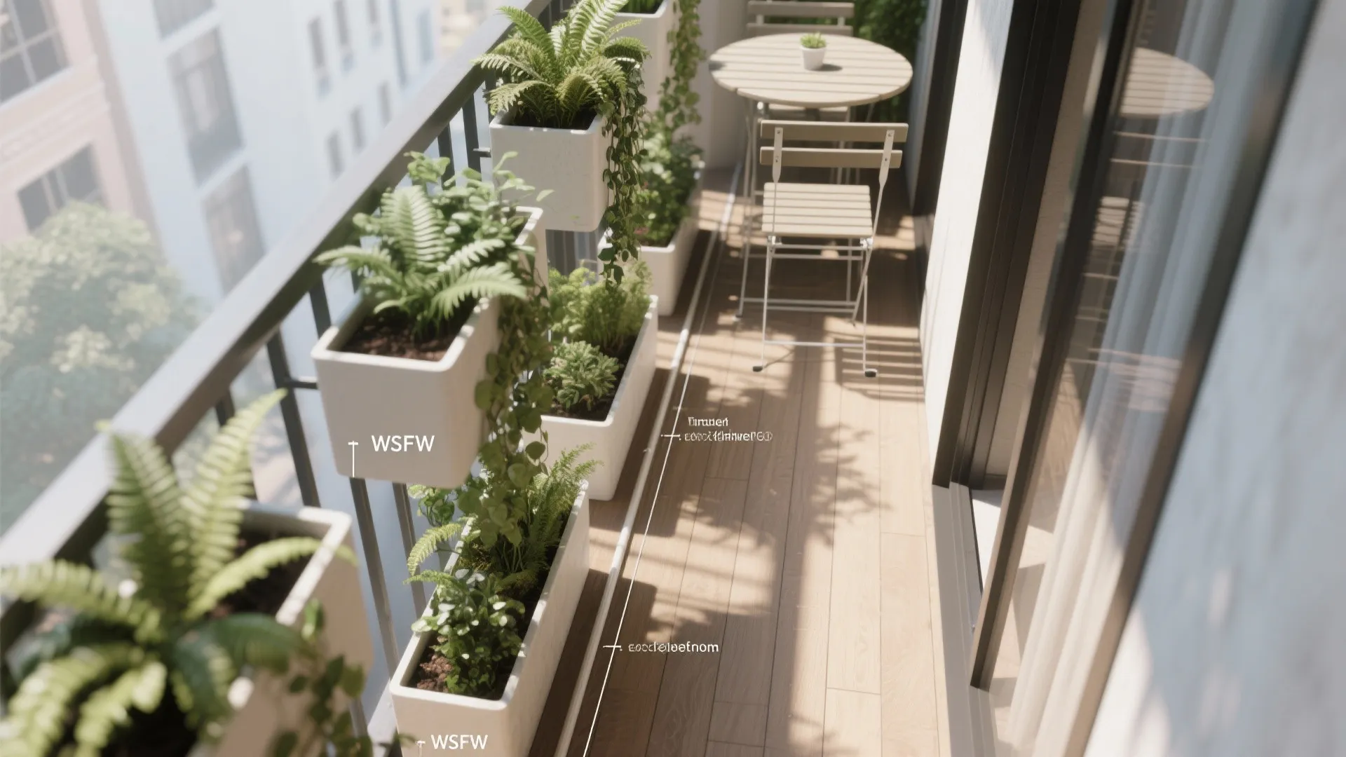 Top-down layout of a narrow balcony with vertical planters and clear circulation path.