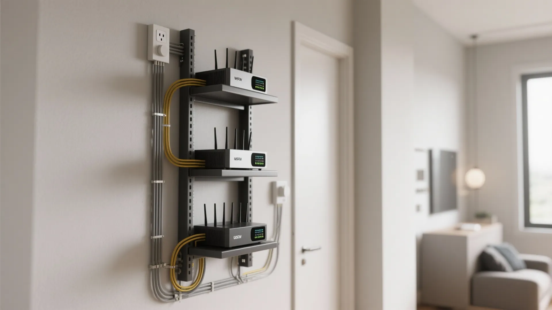Three black network routers on a vertical wall rack with organized yellow and grey wires