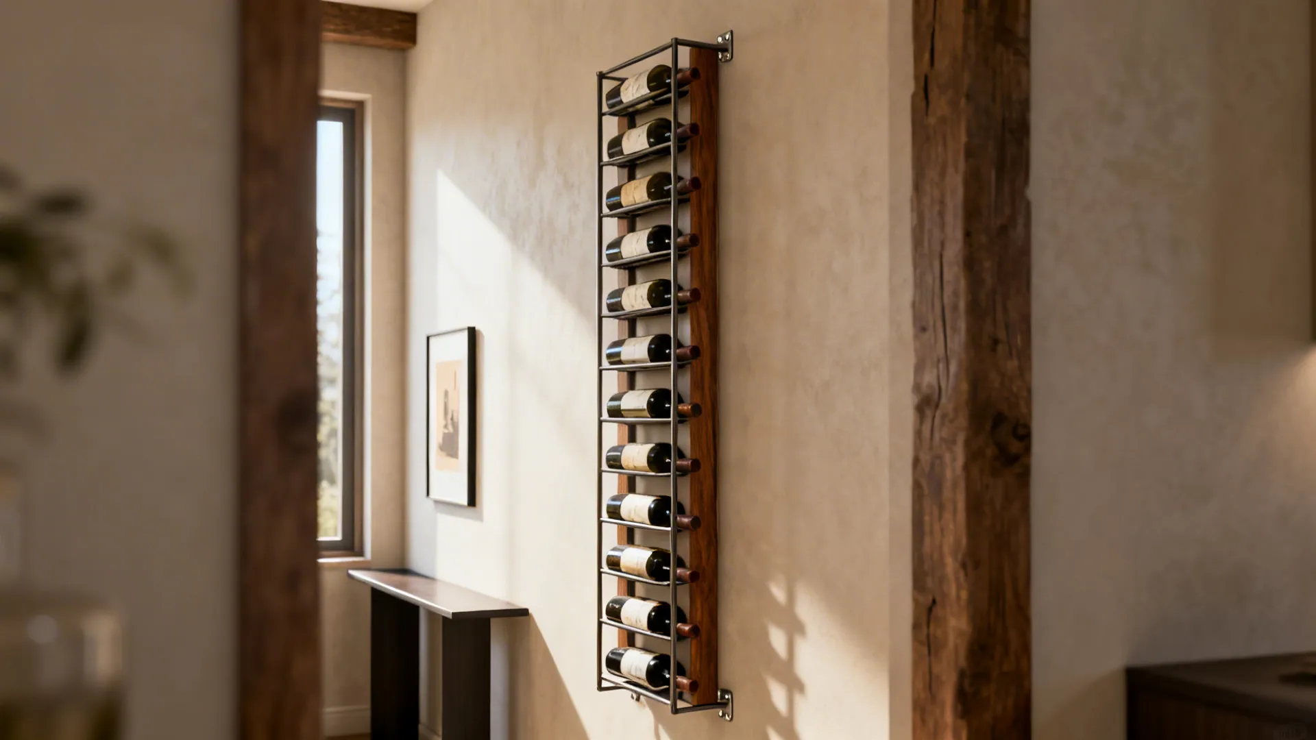 Slim vertical wall-mounted wine rack in a narrow hallway holding several bottles.