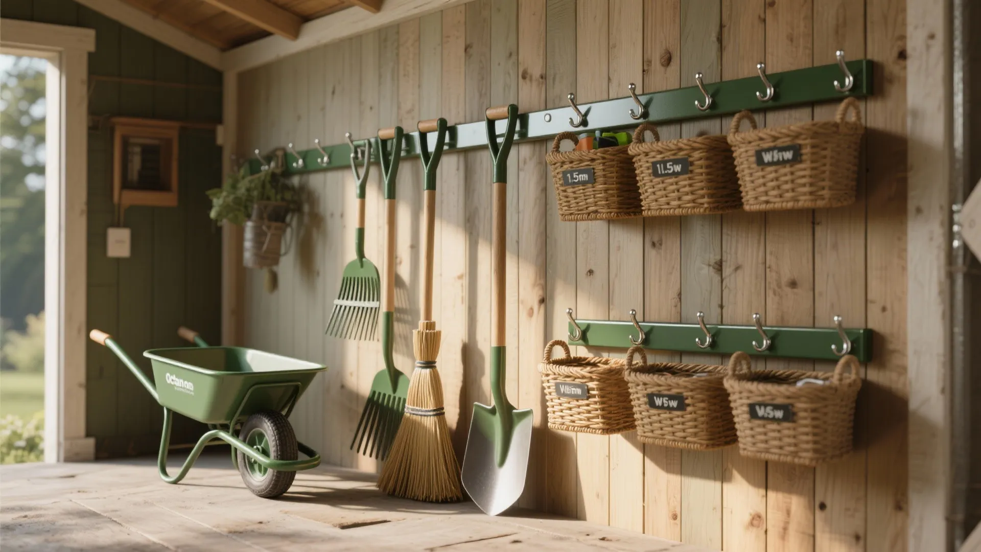 Garden tool storage with green wall hooks, woven baskets, shovel, broom, rake, and green wheelbarrow