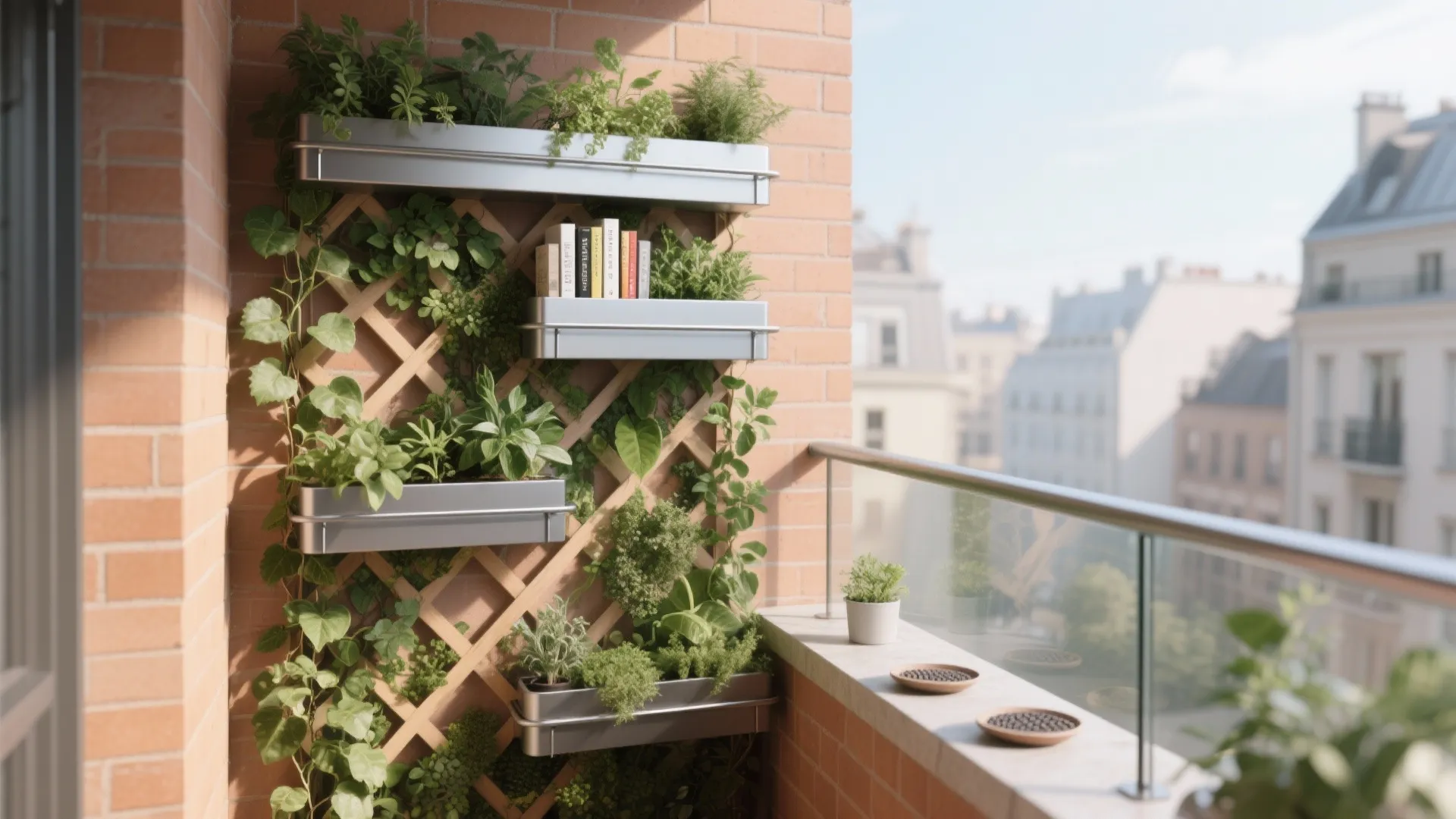 Balcony brick wall featuring wooden trellis with metal hanging planters green plants and some books