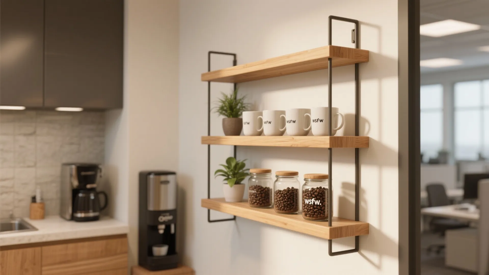 Wooden wall shelves holding white coffee mugs glass jars with beans and small green plants