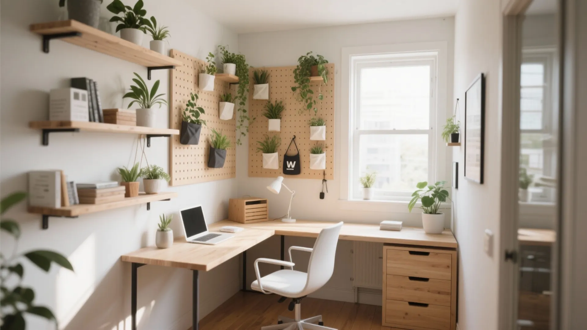 Bright home office with wooden corner desk white chair wall shelves and many green plants