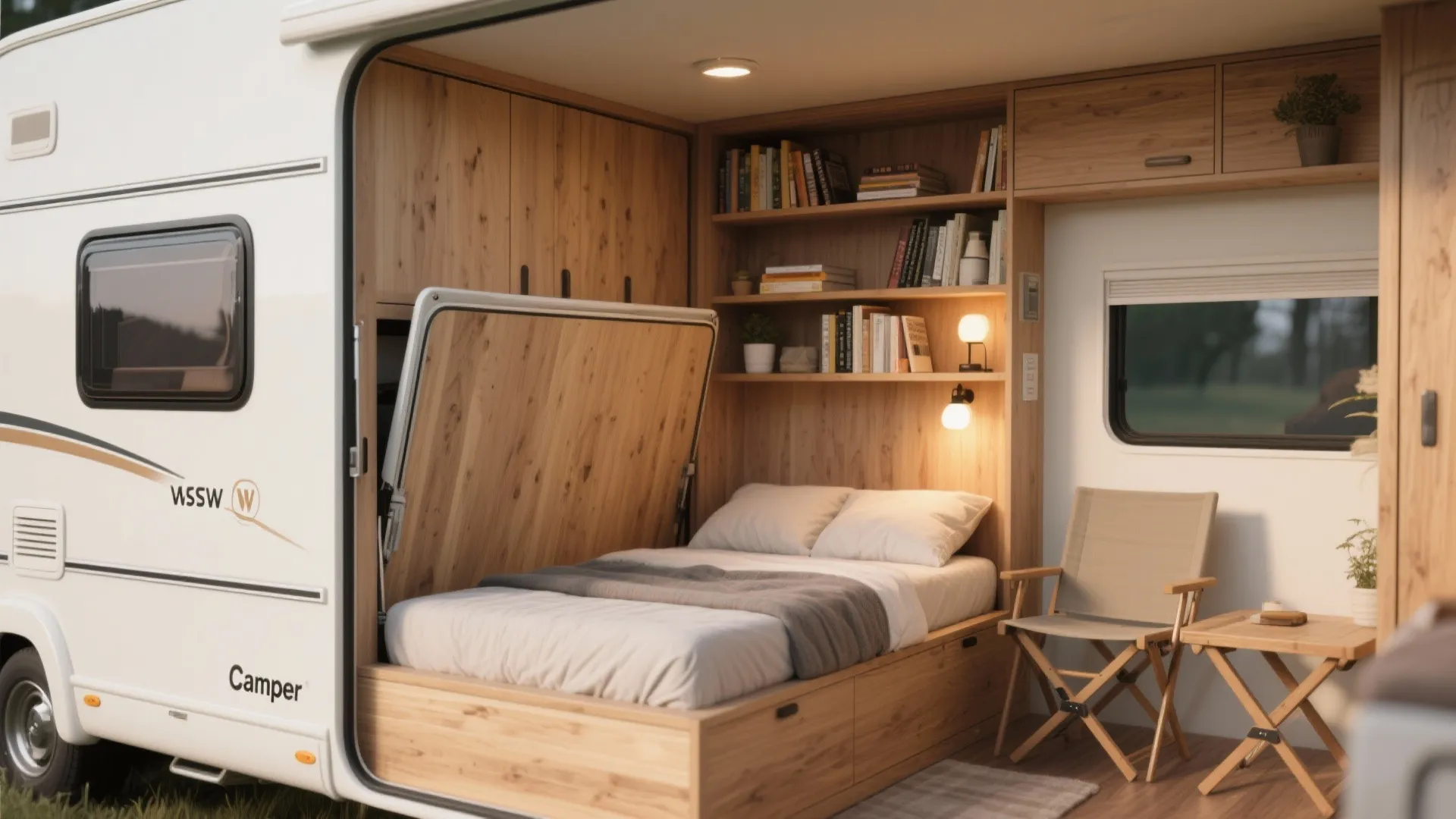 Murphy bed camper wall with vertical storage shelves and warm wood tones