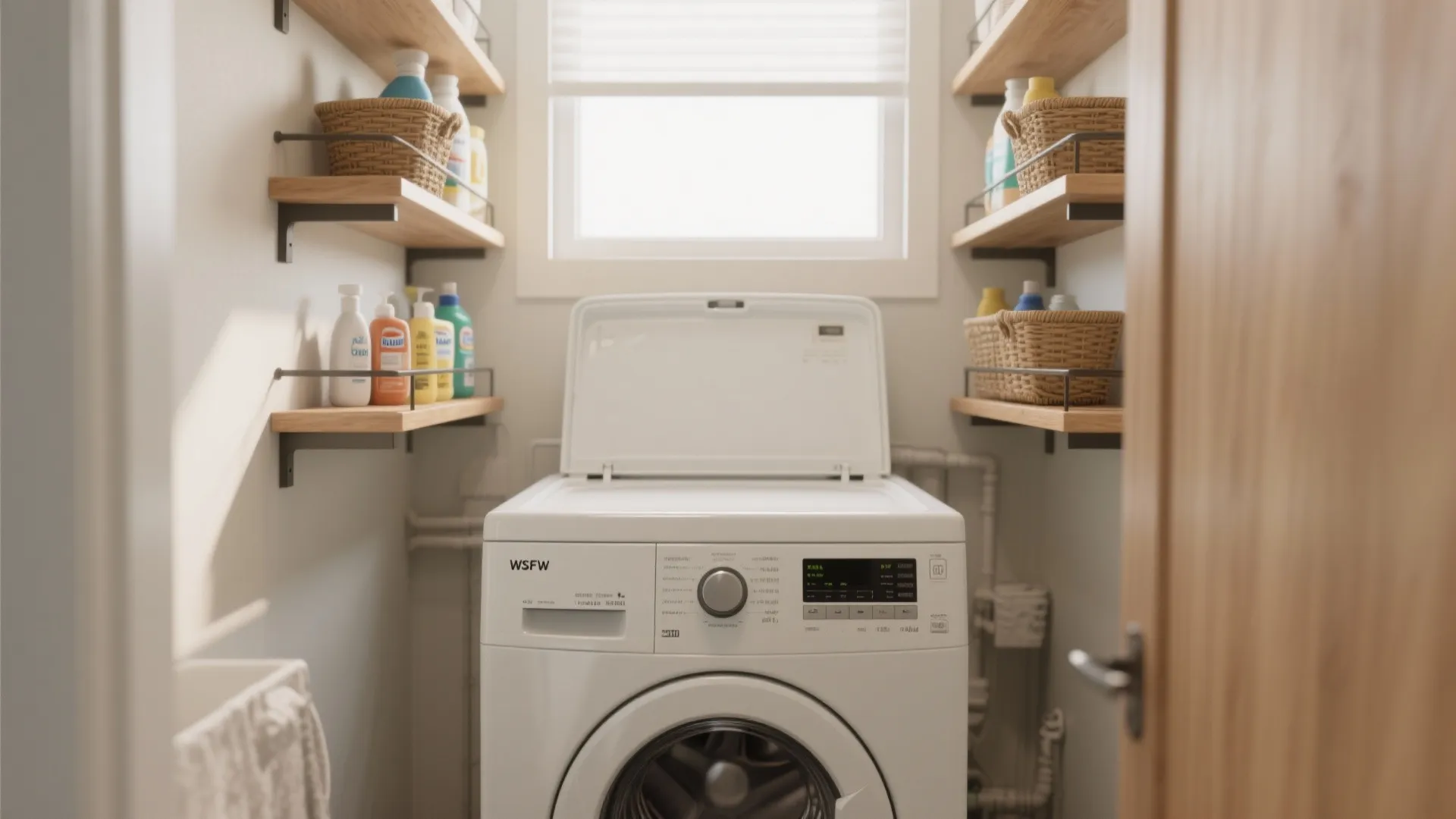 Small laundry room with white washing machine, wooden wall shelves, detergent bottles, baskets, and window