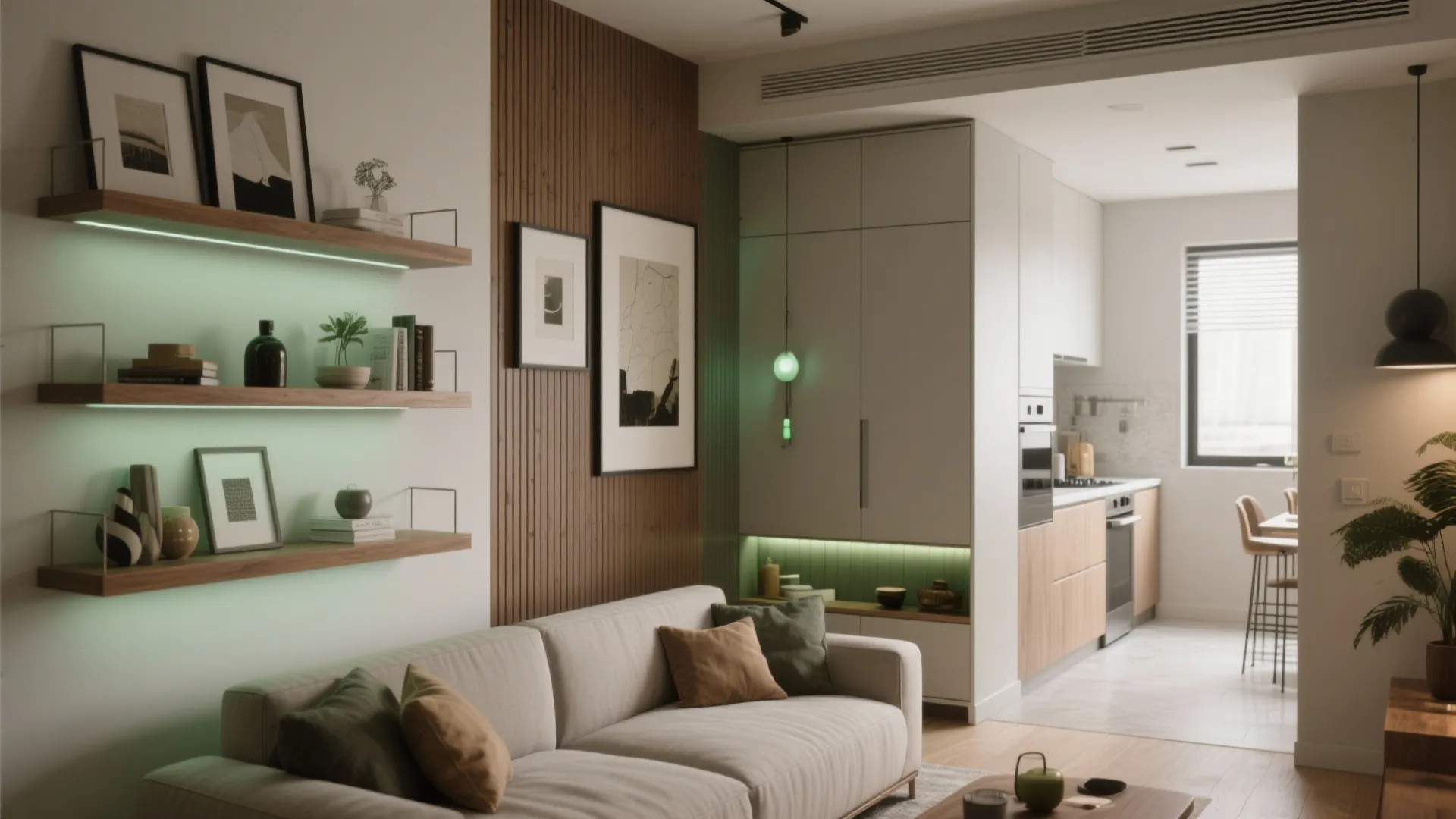 Modern living room with beige sofa green lit wall shelves wood panels and kitchen view