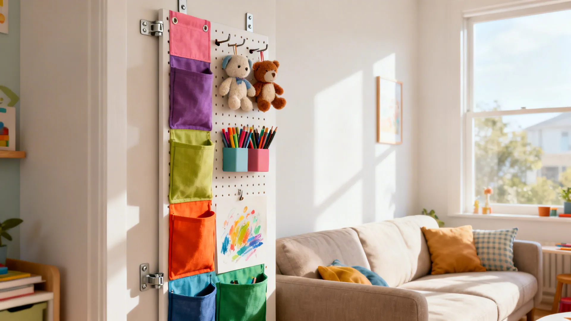 Wall-mounted fabric pockets and pegboard hooks holding toys and art supplies behind a sofa
