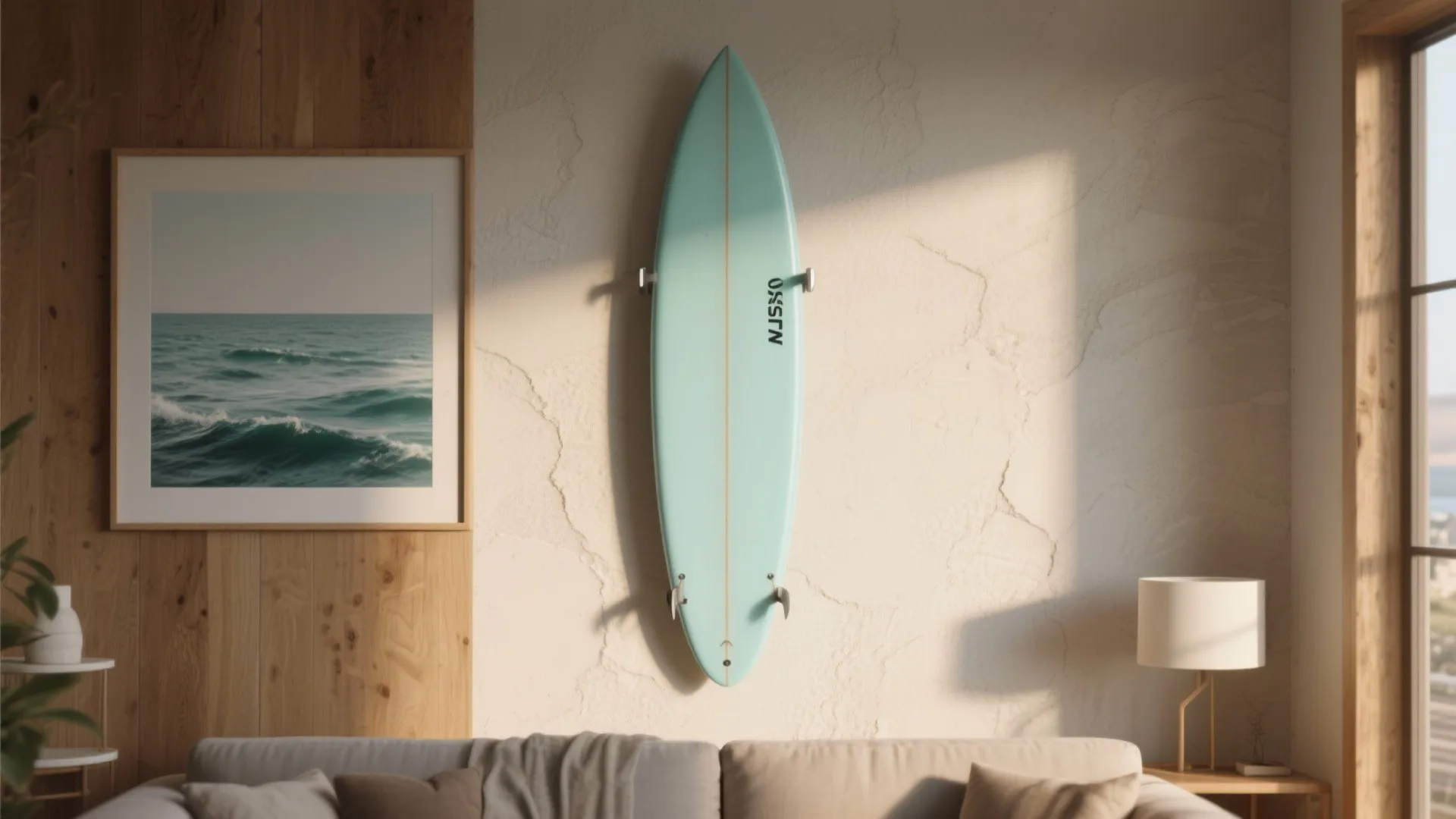 Light blue surfboard mounted vertically on a textured wall in a modern living room setting