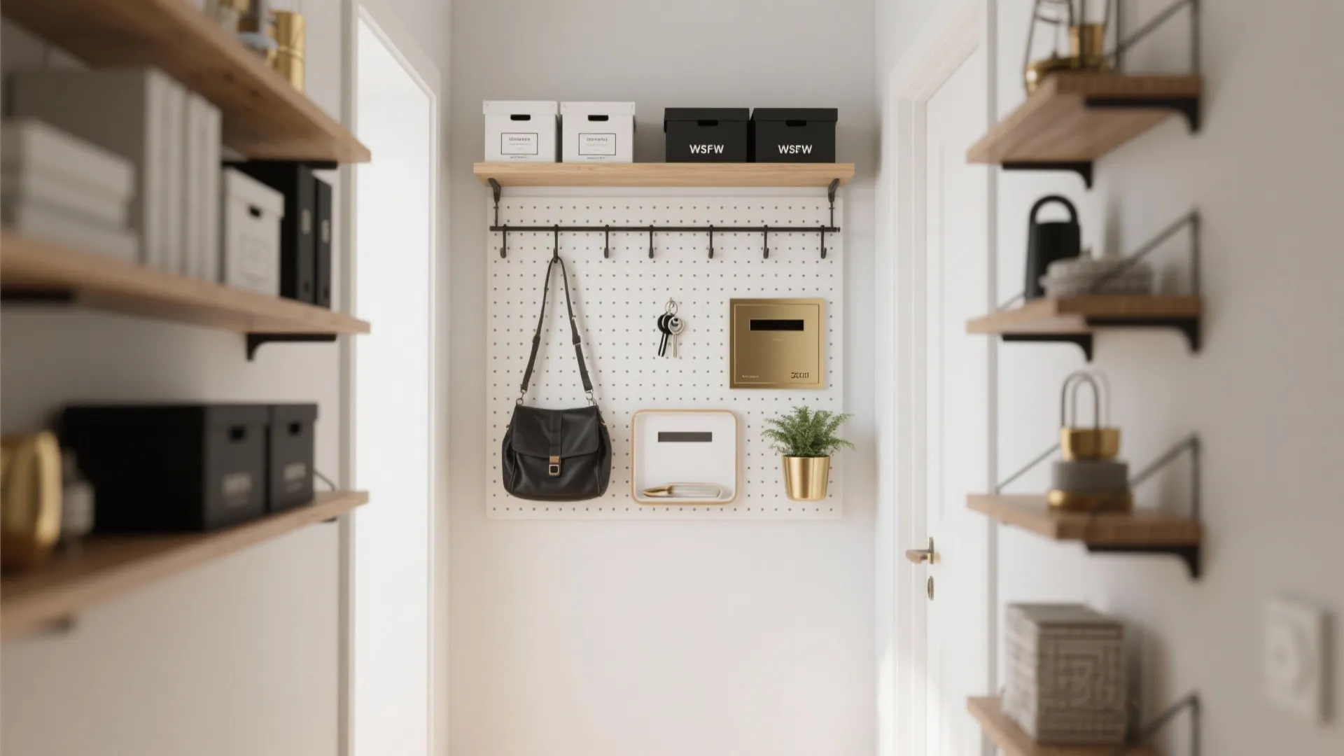 Pegboard organizer with black bag and hooks under a wooden shelf in a narrow hallway