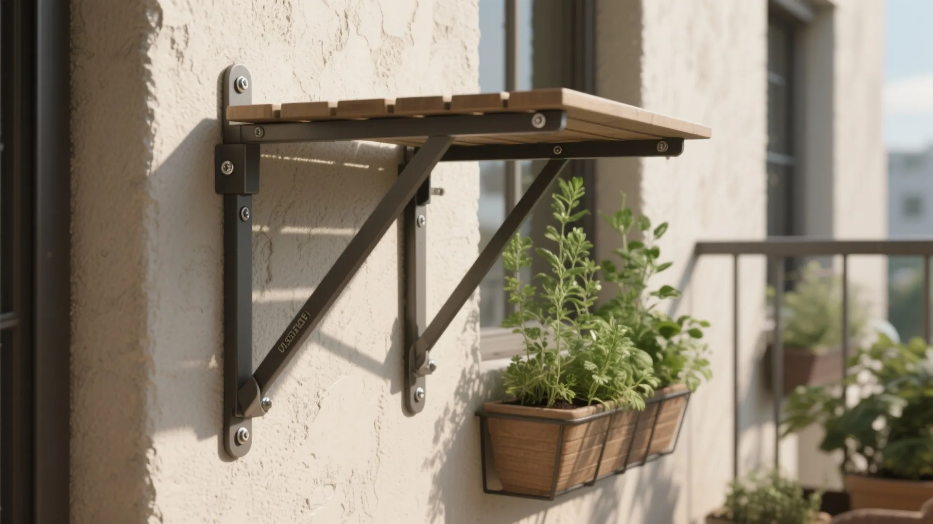 Wall mounted folding wooden table on outdoor balcony with black metal brackets and potted green plants