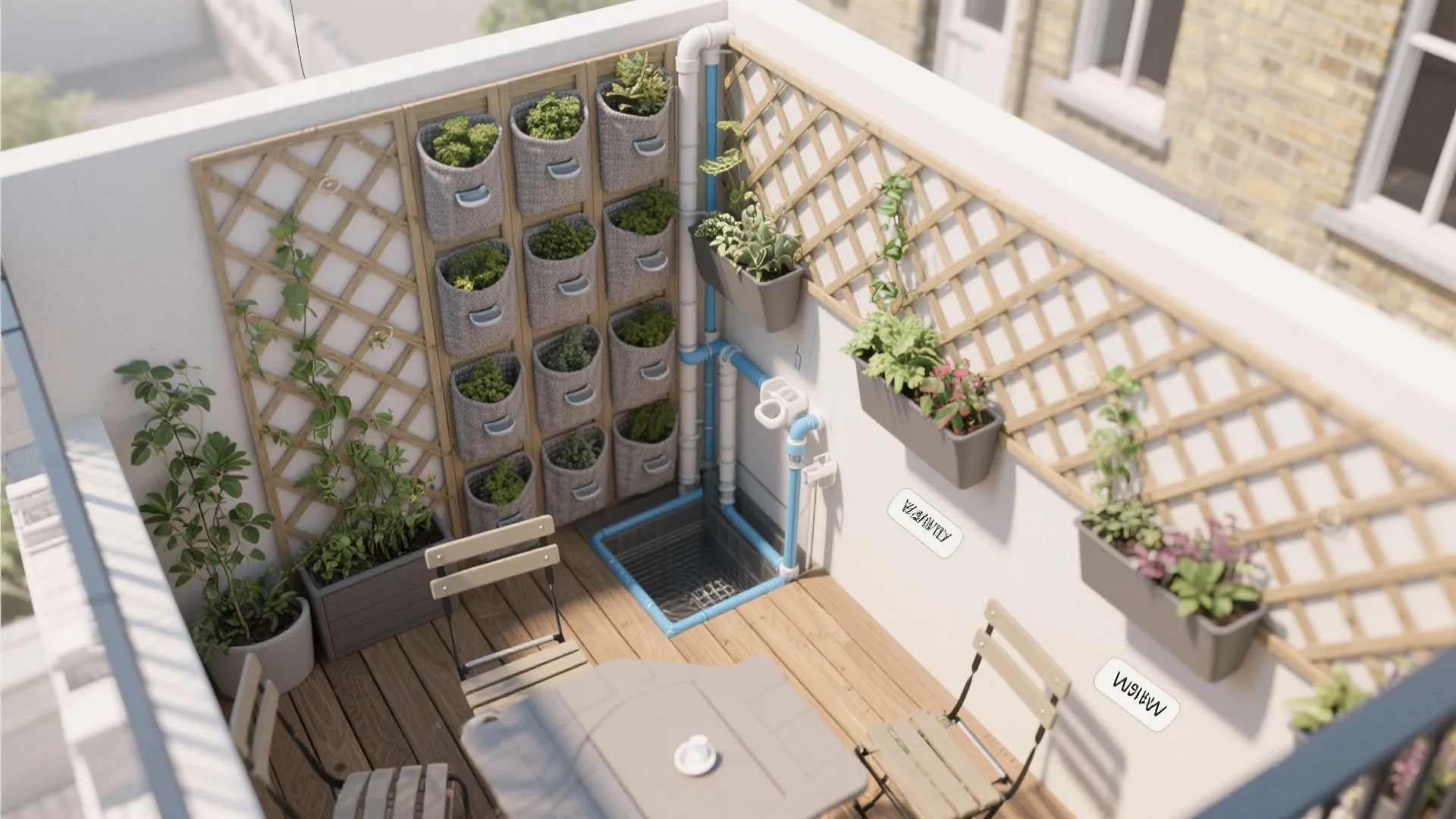 Interior design drawing of a balcony with vertical garden hanging pots and wooden floor boards