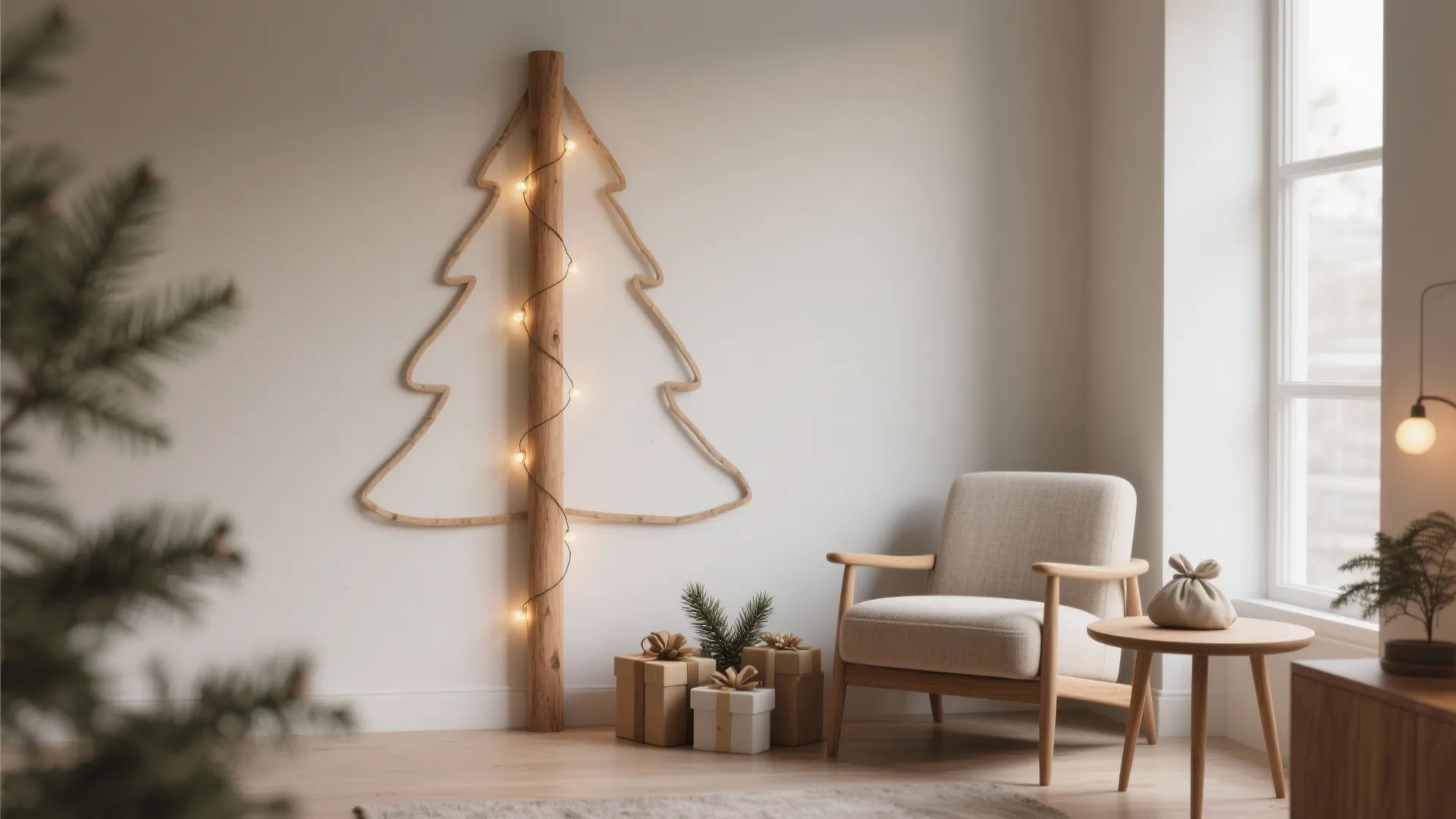 Minimalist living room featuring a wooden wall tree with lights beige armchair and wrapped gift boxes