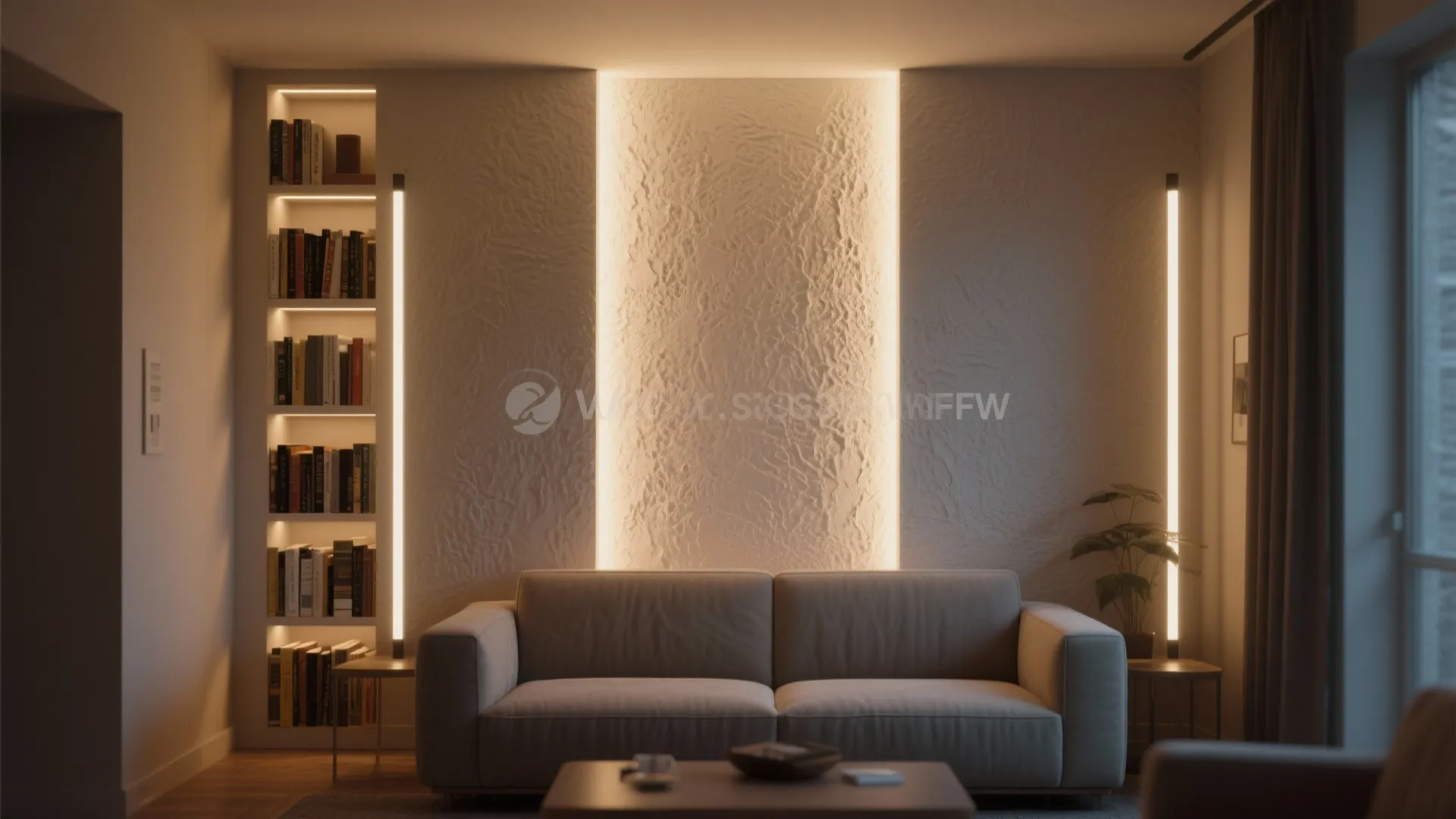Modern living room with grey sofa and warm wall light strips highlighting a textured wall