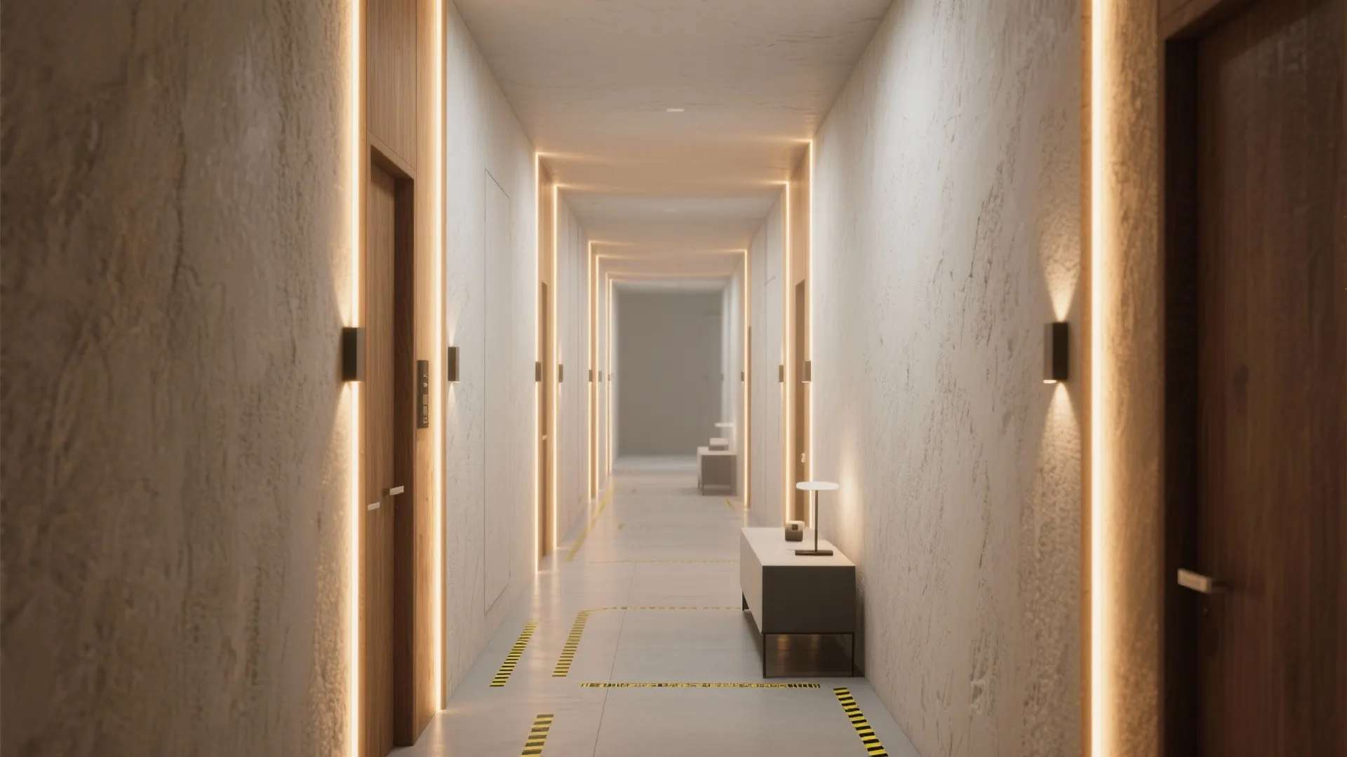 Corridor with vertical LED wall washers elongating the wall and creating sculptural light bands.