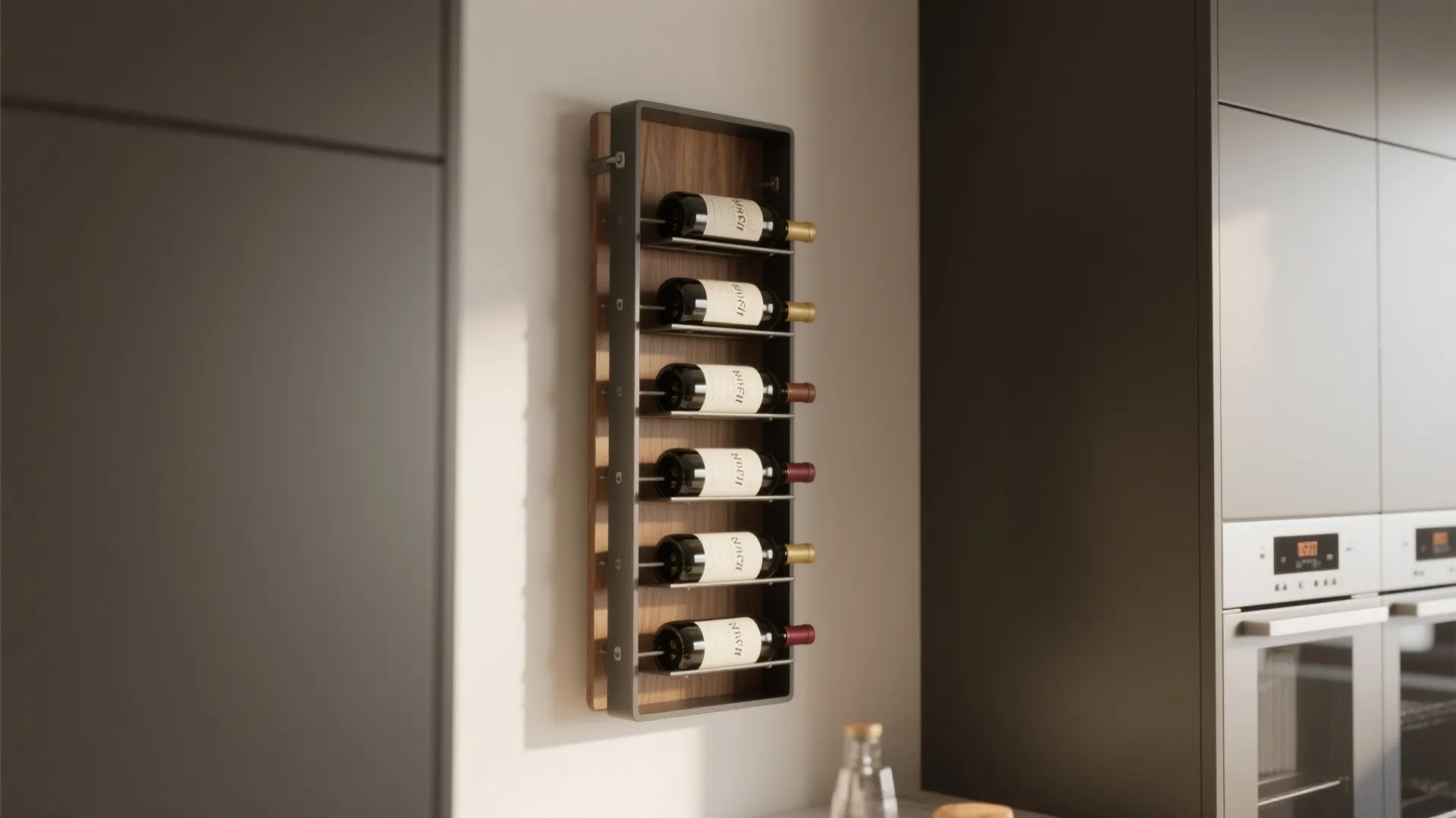 Vertical wall mounted wood wine rack holding six bottles in a modern dark grey kitchen