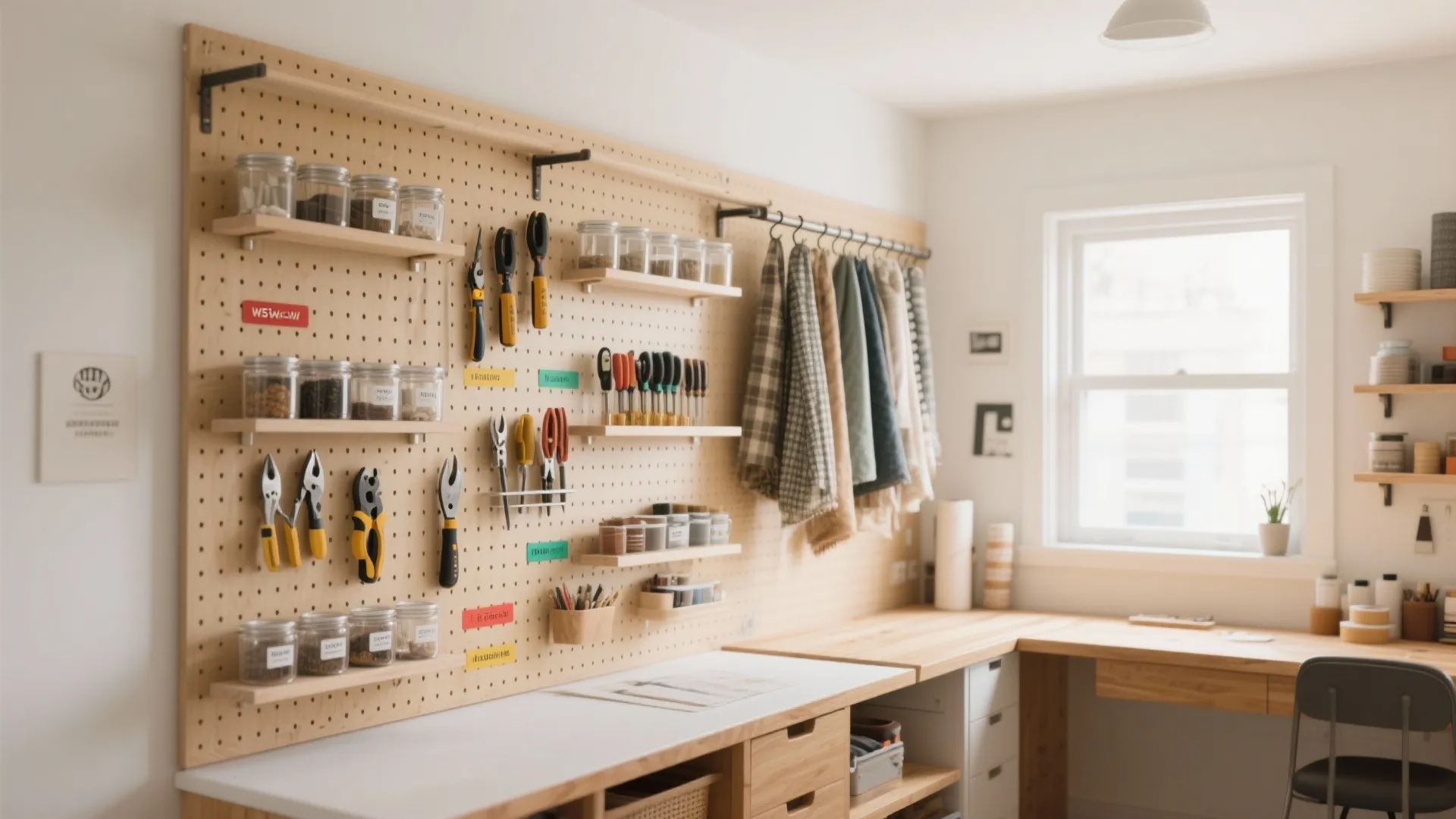 Workshop wall with pegboard storage for tools jars and fabric samples over a wooden desk