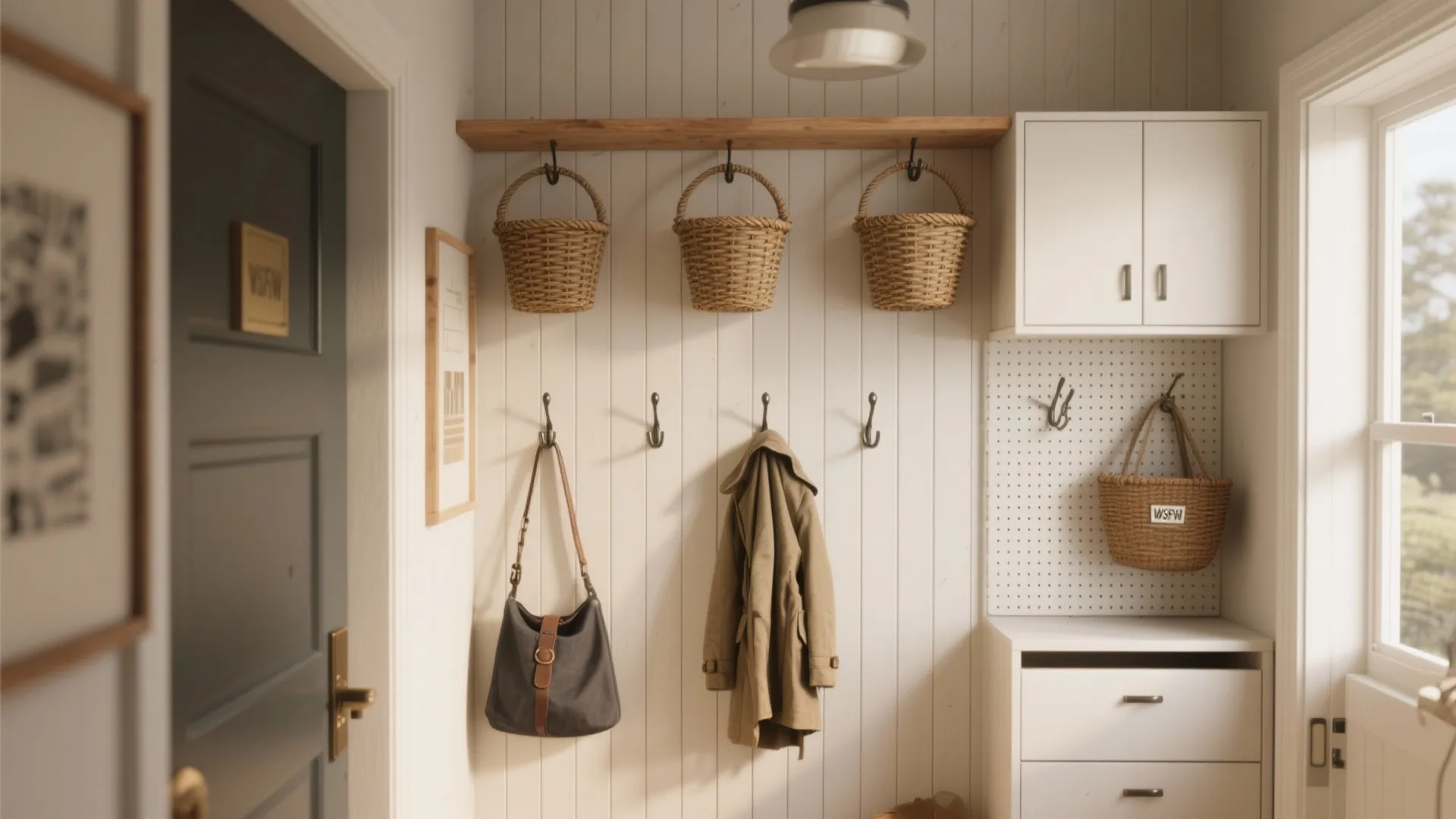 Painted slat vertical storage wall with hooks, pegboard, and shallow cabinets in a narrow entry.