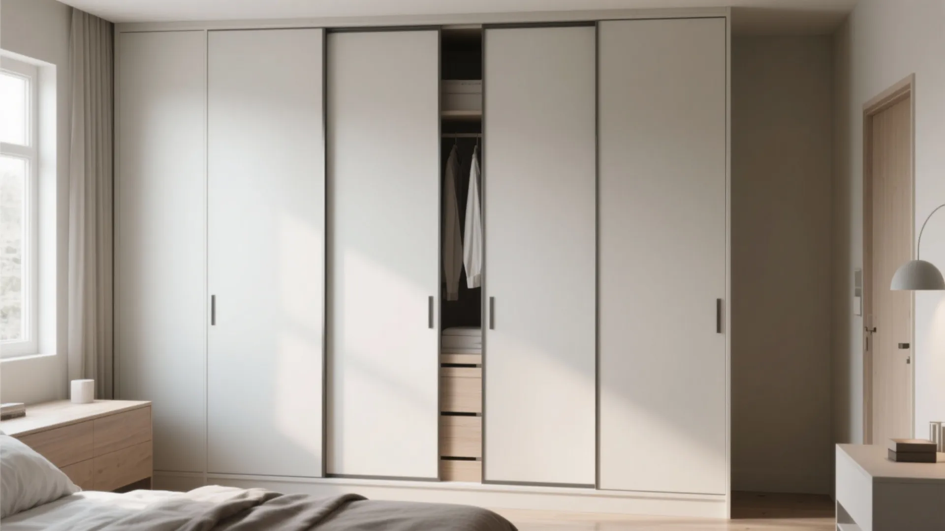 Minimalist white floor to ceiling wardrobe with sliding doors and light wood interior in a bedroom